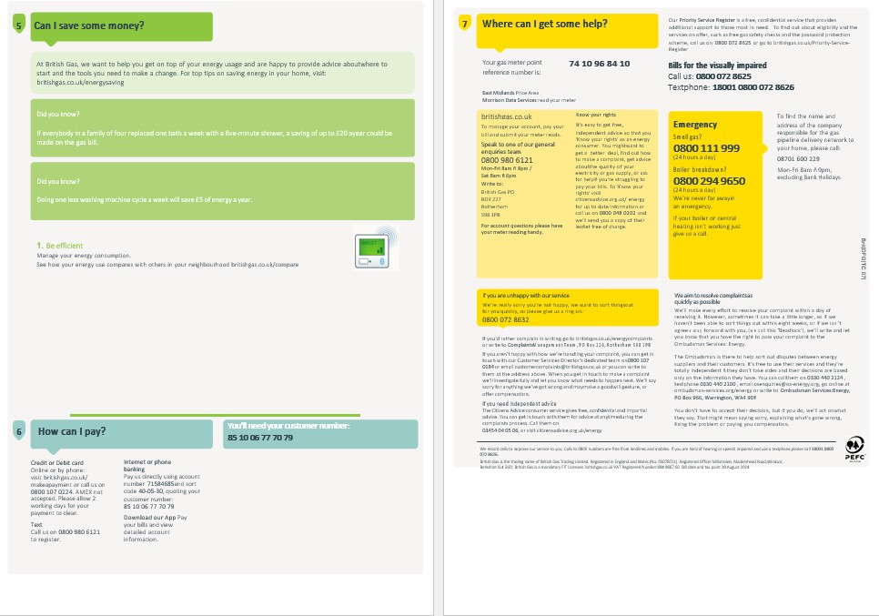 United Kingdom British Gas business utility bill, Word and PDF template, 4 pages 3 4 PSD template